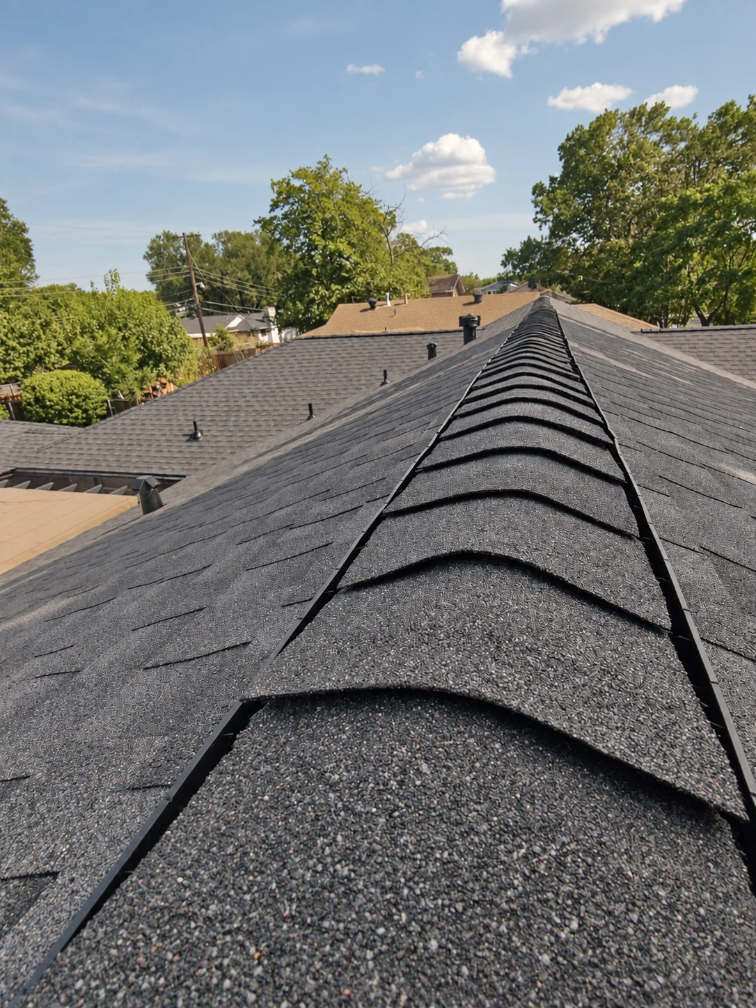 Finished dark shingle roof ridge with trees and sky beyond
